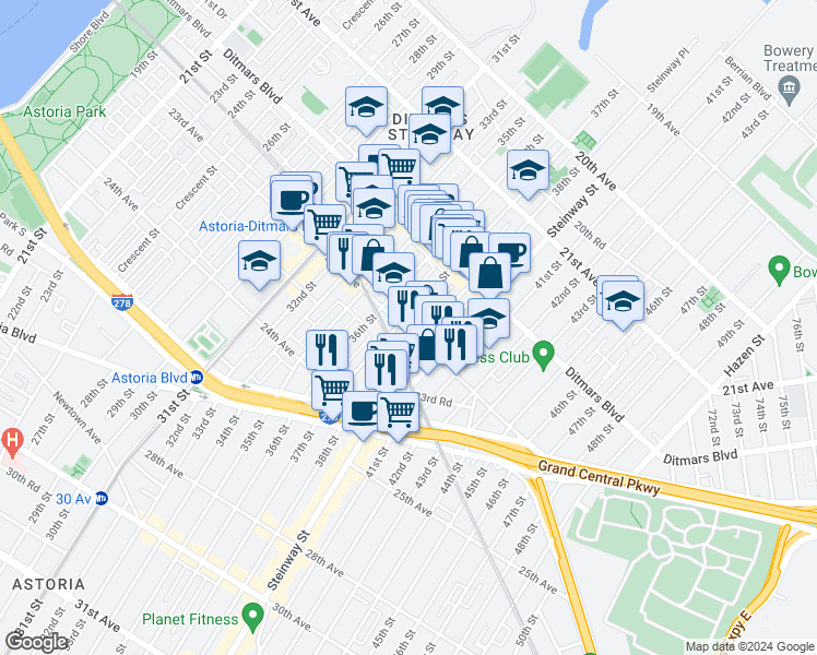 map of restaurants, bars, coffee shops, grocery stores, and more near 23-12 38th Street in Queens