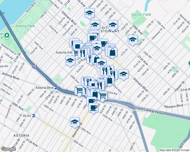 map of restaurants, bars, coffee shops, grocery stores, and more near 23-36 37th Street in Queens