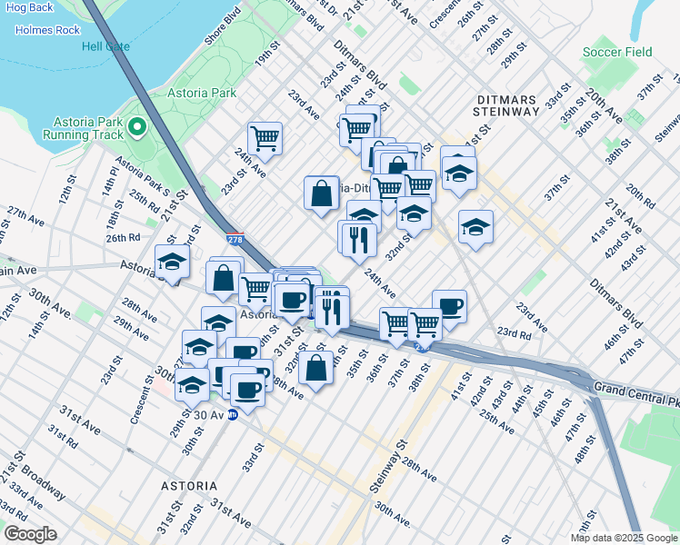 map of restaurants, bars, coffee shops, grocery stores, and more near 1800 Hoyt Avenue North in Queens