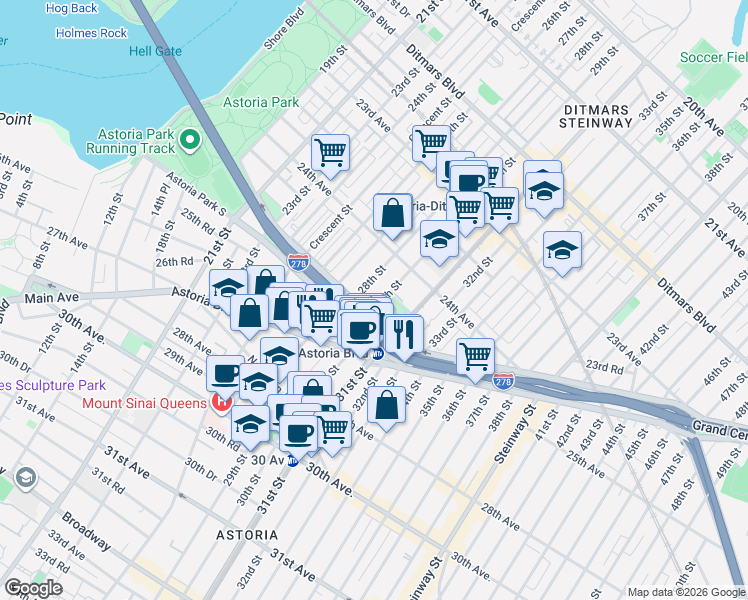 map of restaurants, bars, coffee shops, grocery stores, and more near 2428 Hoyt Avenue North in Queens