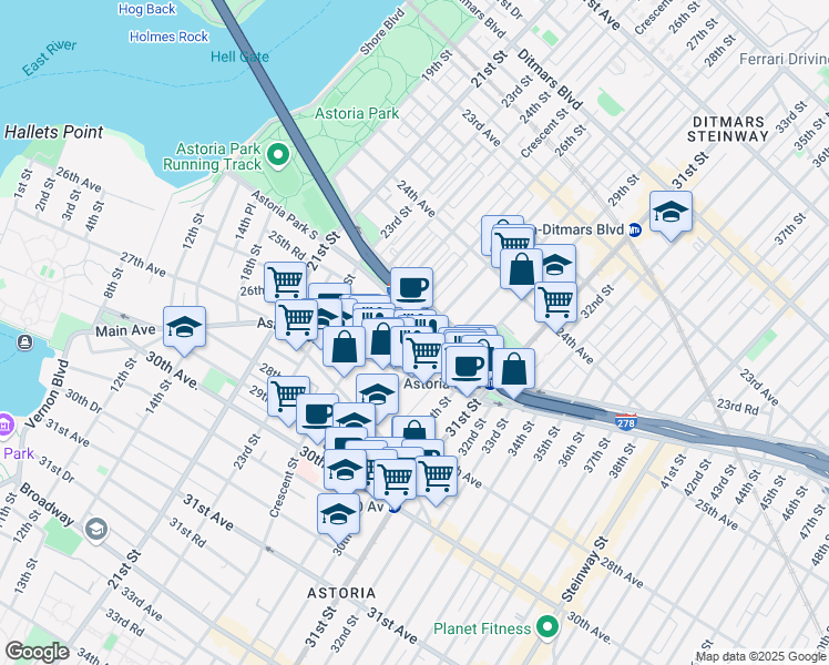 map of restaurants, bars, coffee shops, grocery stores, and more near 27-14 Hoyt Avenue South in Queens