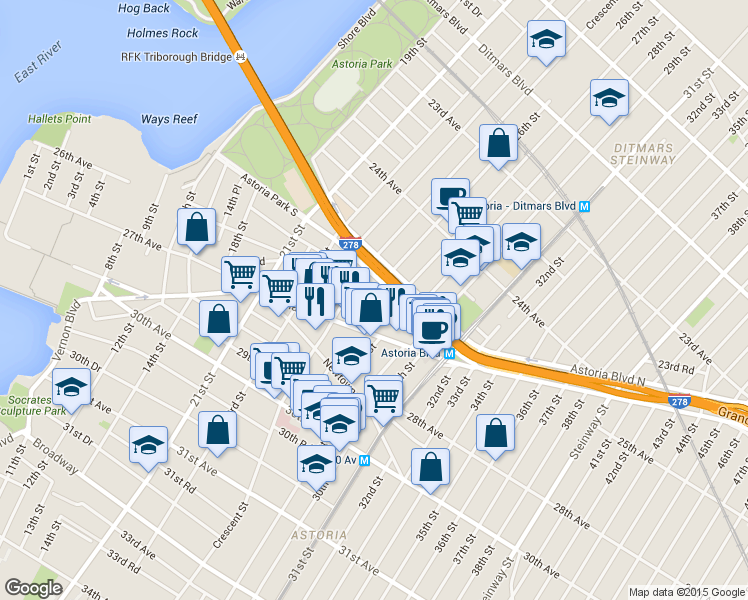 map of restaurants, bars, coffee shops, grocery stores, and more near 26-14 25th Road in Queens
