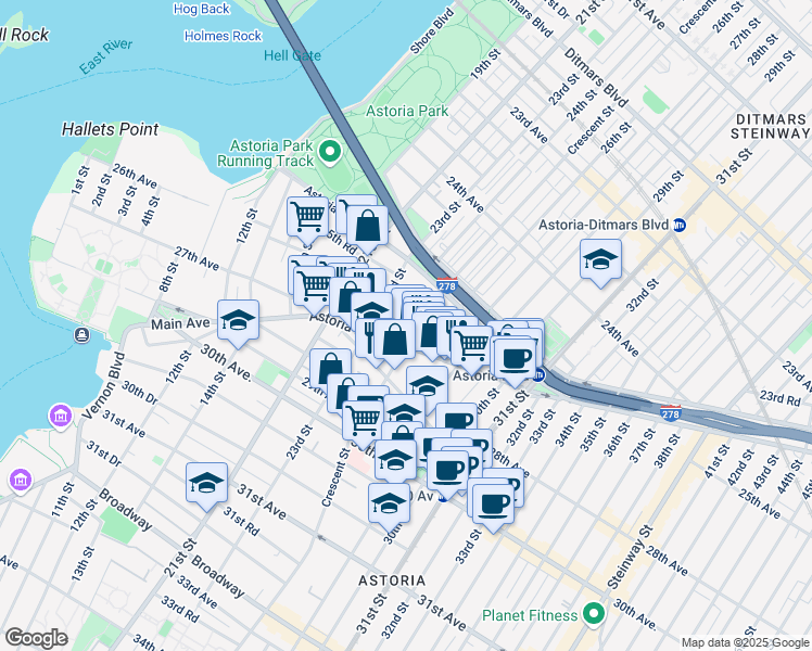 map of restaurants, bars, coffee shops, grocery stores, and more near 23-37 Astoria Boulevard in Queens