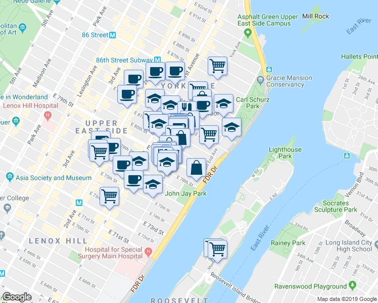 map of restaurants, bars, coffee shops, grocery stores, and more near 528 East 80th Street in New York