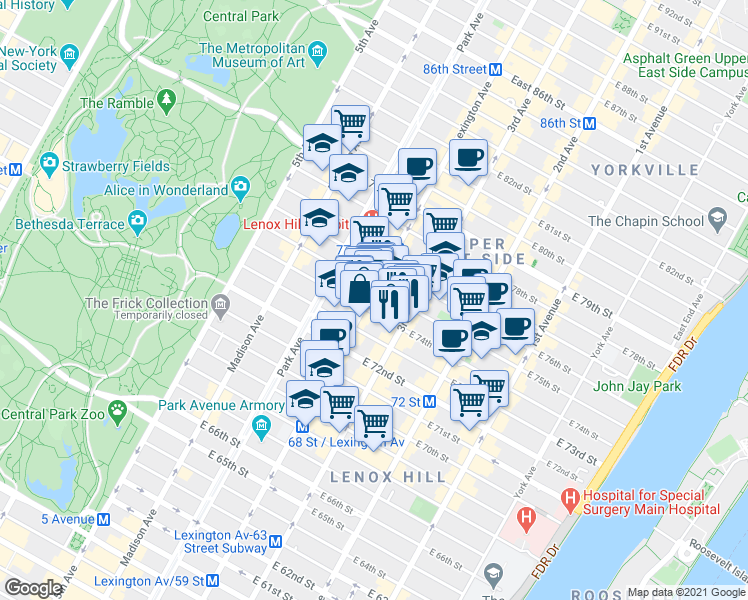 map of restaurants, bars, coffee shops, grocery stores, and more near 161 East 74th Street in New York