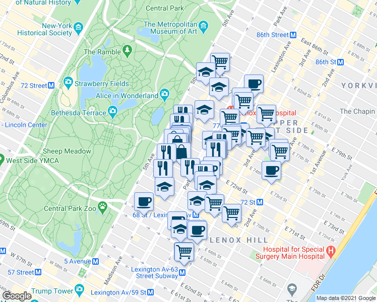 map of restaurants, bars, coffee shops, grocery stores, and more near in New York