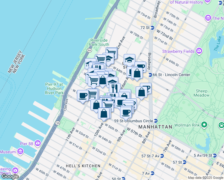 map of restaurants, bars, coffee shops, grocery stores, and more near 215 West 60th Street in New York