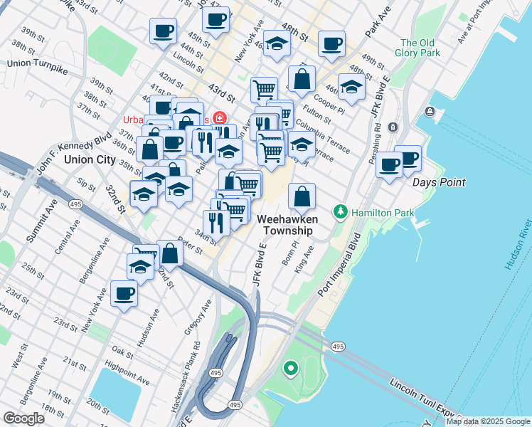 map of restaurants, bars, coffee shops, grocery stores, and more near 65 Highwood Terrace in Weehawken