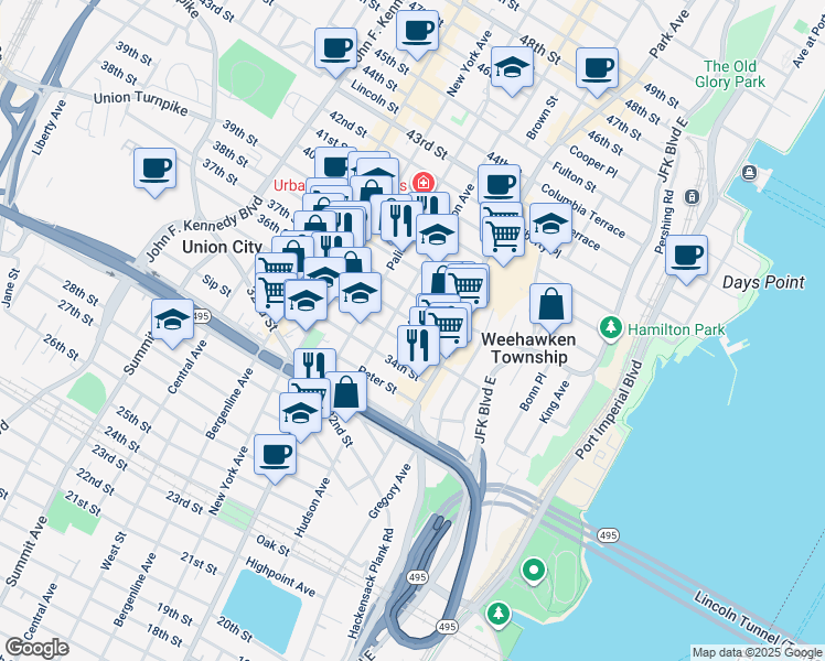 map of restaurants, bars, coffee shops, grocery stores, and more near 118 35th Street in Union City