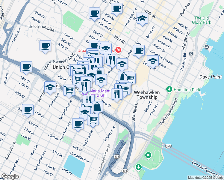 map of restaurants, bars, coffee shops, grocery stores, and more near 146 34th Street in Union City