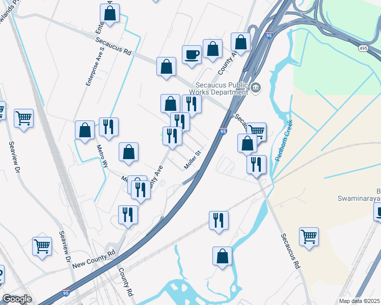 map of restaurants, bars, coffee shops, grocery stores, and more near 167 Charles Street in Secaucus