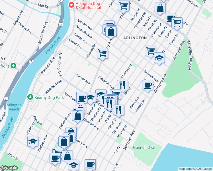 map of restaurants, bars, coffee shops, grocery stores, and more near 60 Columbia Avenue in Kearny