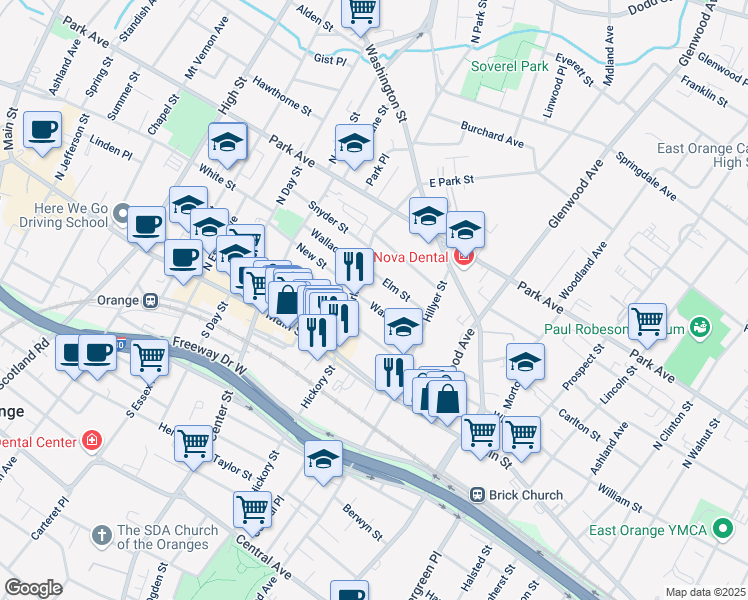 map of restaurants, bars, coffee shops, grocery stores, and more near 121 Ward Street in City of Orange