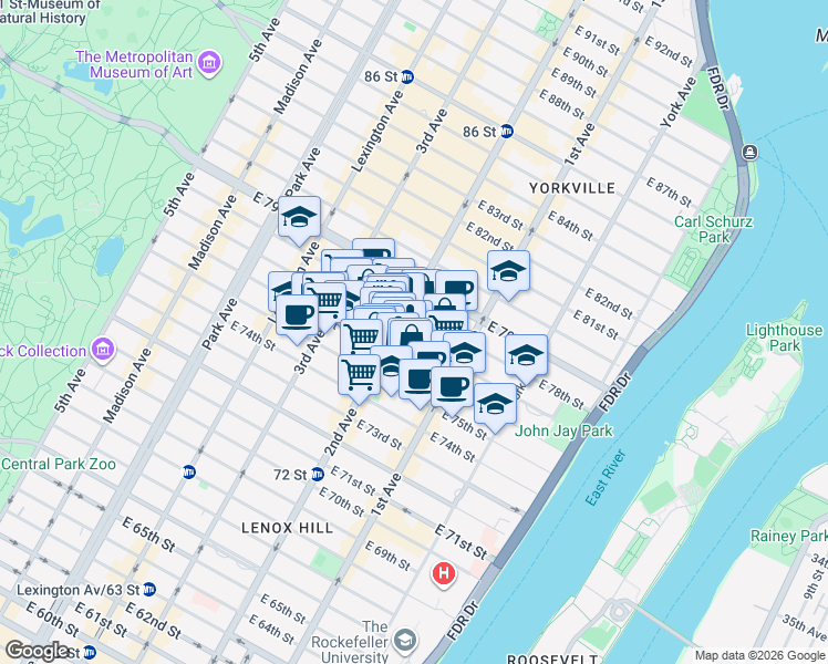 map of restaurants, bars, coffee shops, grocery stores, and more near 307 East 77th Street in New York