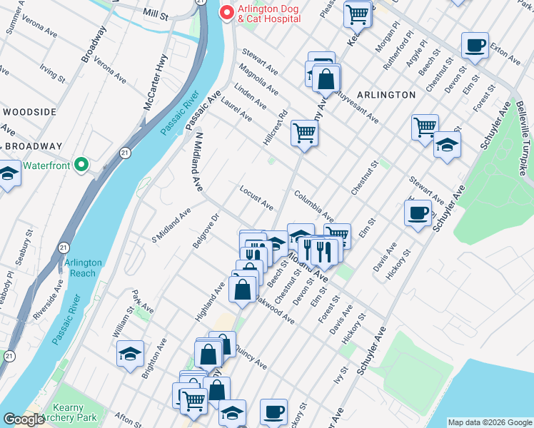 map of restaurants, bars, coffee shops, grocery stores, and more near 601 Kearny Avenue in Kearny