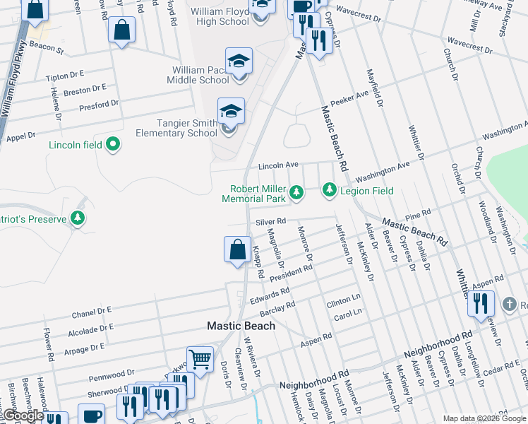 map of restaurants, bars, coffee shops, grocery stores, and more near 51 Silver Road in Mastic Beach