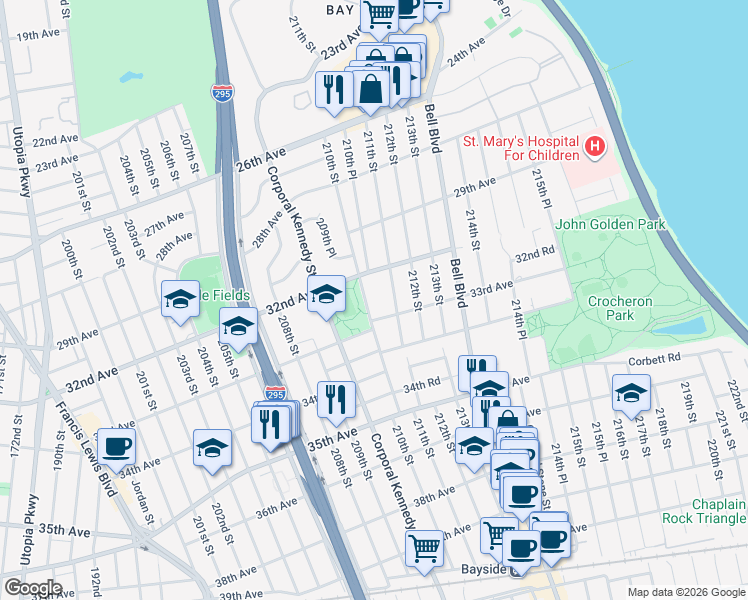 map of restaurants, bars, coffee shops, grocery stores, and more near 210-25 33rd Avenue in Queens