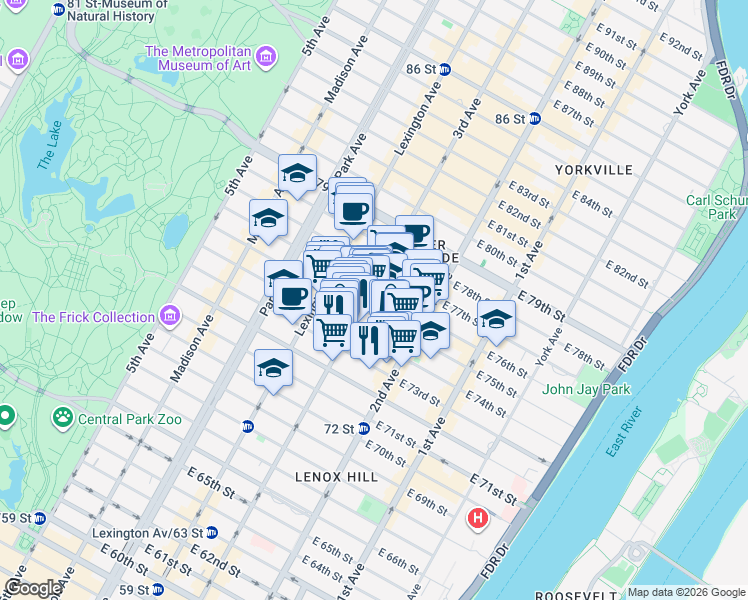 map of restaurants, bars, coffee shops, grocery stores, and more near 1309 3rd Avenue in New York