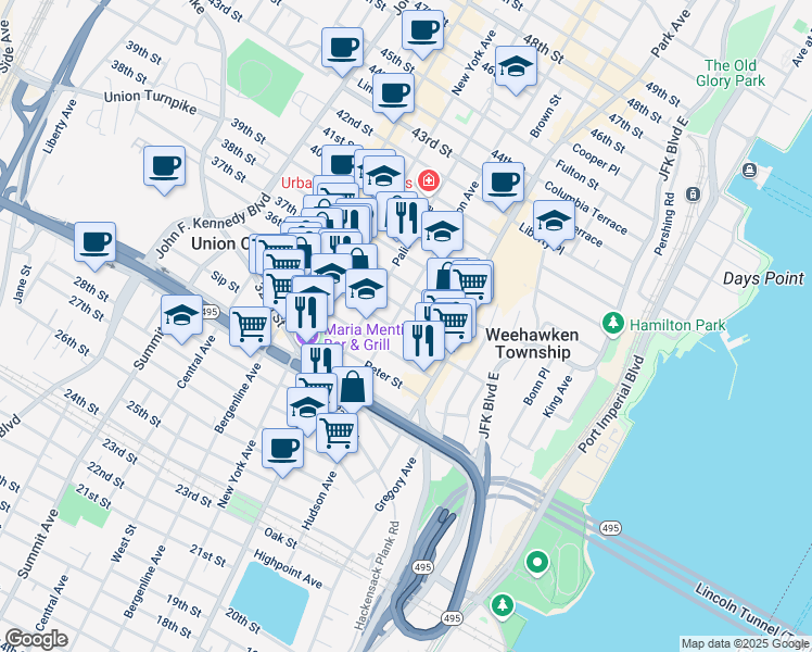 map of restaurants, bars, coffee shops, grocery stores, and more near 146 34th Street in Union City