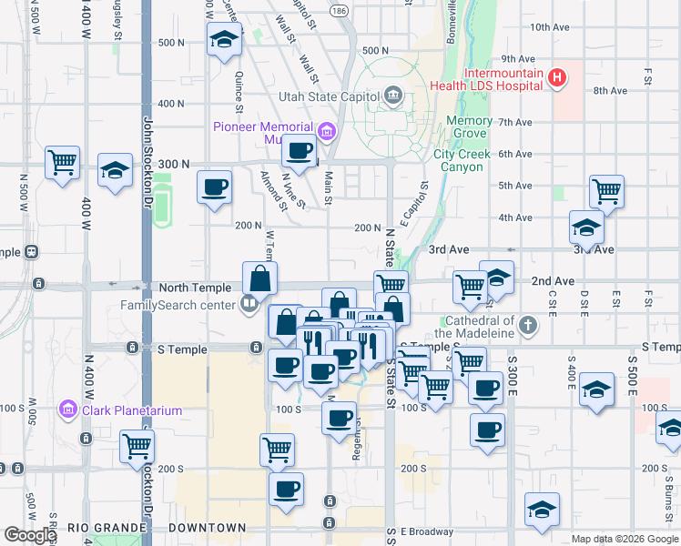 map of restaurants, bars, coffee shops, grocery stores, and more near 15 East North Temple Street in Salt Lake City