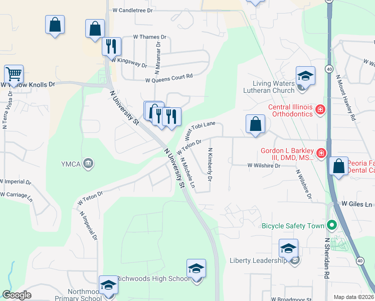 map of restaurants, bars, coffee shops, grocery stores, and more near 6925 North Patricia Lane in Peoria