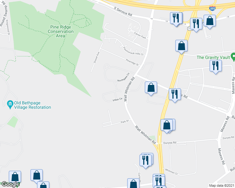 map of restaurants, bars, coffee shops, grocery stores, and more near 61 Villas Drive in Melville