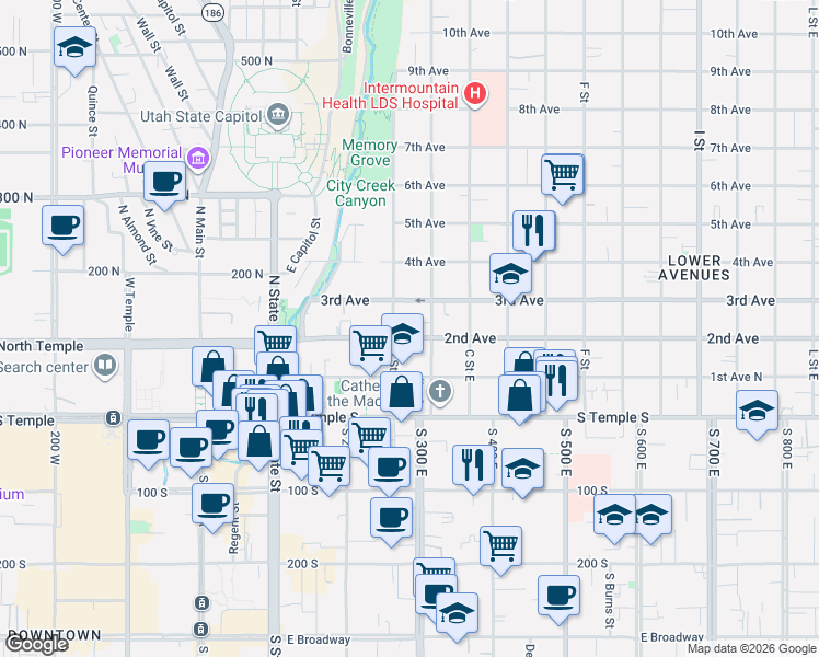 map of restaurants, bars, coffee shops, grocery stores, and more near 215 East 2nd Avenue in Salt Lake City