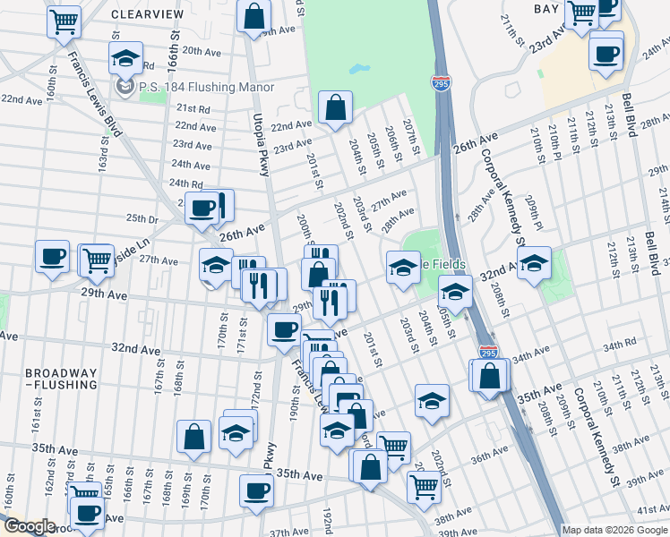 map of restaurants, bars, coffee shops, grocery stores, and more near 28-24 201st Street in Queens