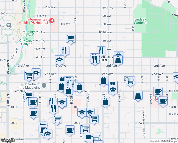 map of restaurants, bars, coffee shops, grocery stores, and more near 525 East 2nd Avenue in Salt Lake City