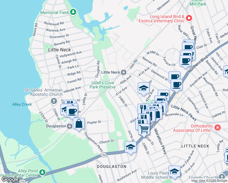 map of restaurants, bars, coffee shops, grocery stores, and more near 40-14 248th Street in Queens