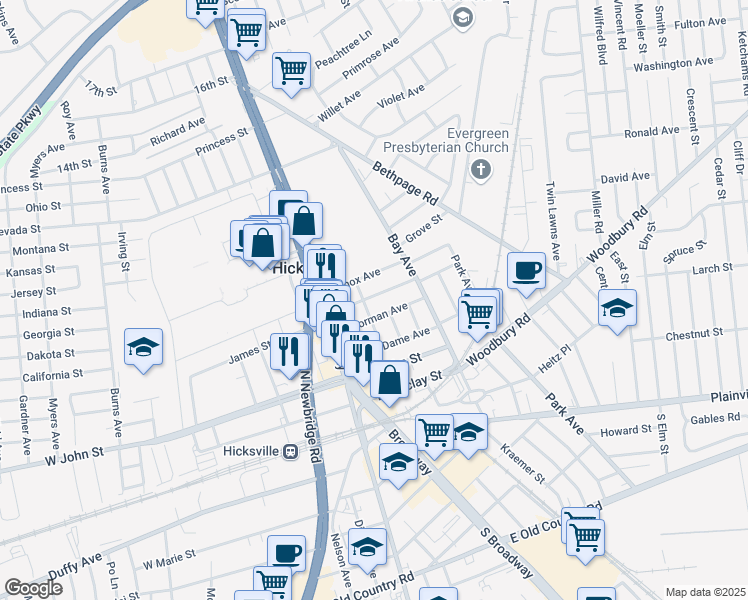 map of restaurants, bars, coffee shops, grocery stores, and more near 47 Willoughby Avenue in Hicksville