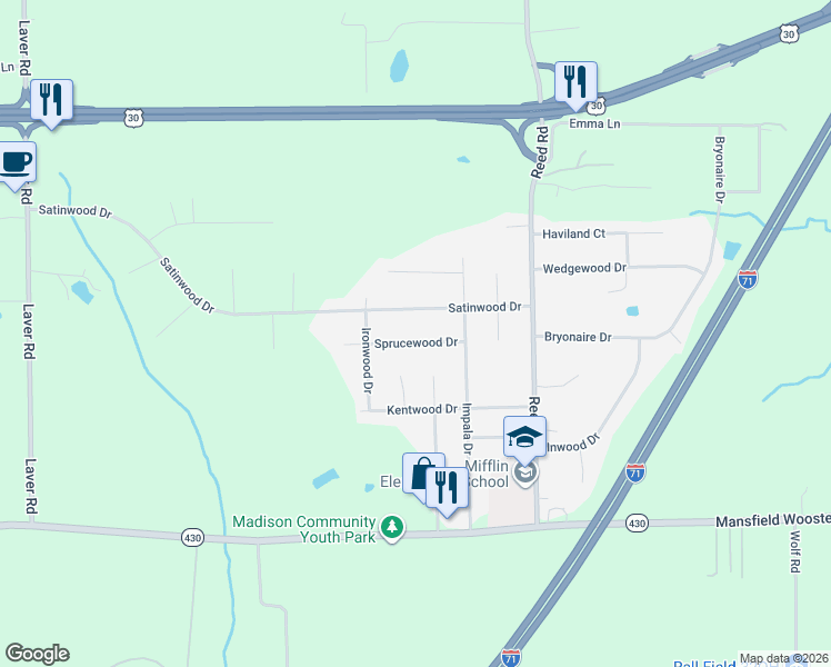 map of restaurants, bars, coffee shops, grocery stores, and more near 2234 Sprucewood Drive in Mansfield