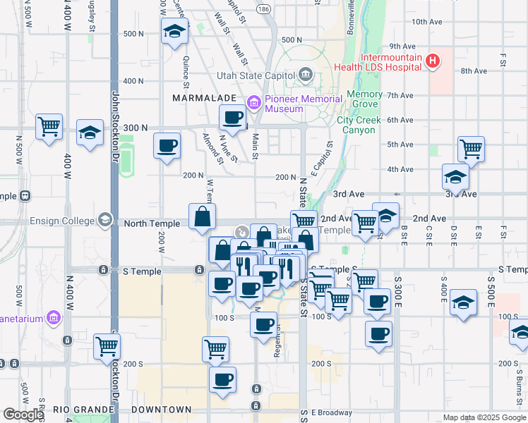 map of restaurants, bars, coffee shops, grocery stores, and more near 15 East North Temple Street in Salt Lake City