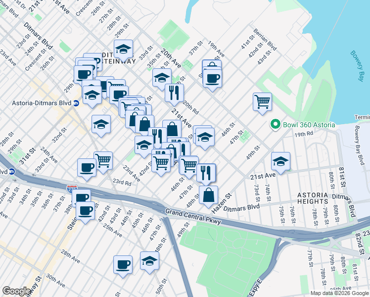 map of restaurants, bars, coffee shops, grocery stores, and more near 21-45 43rd Street in Queens