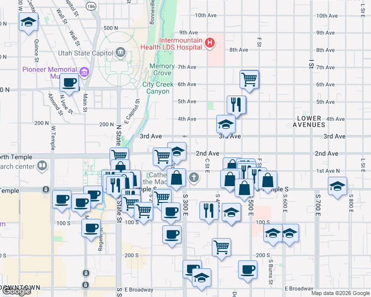 map of restaurants, bars, coffee shops, grocery stores, and more near in Salt Lake City