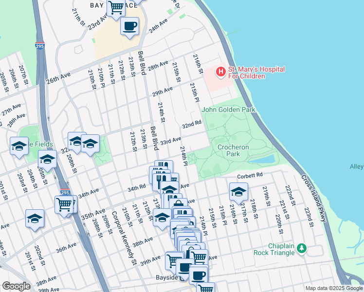 map of restaurants, bars, coffee shops, grocery stores, and more near 214-33 33rd Road in Queens