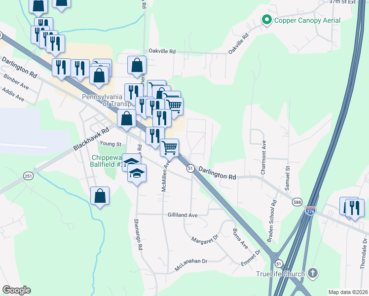 map of restaurants, bars, coffee shops, grocery stores, and more near in Beaver County