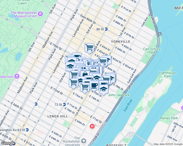 map of restaurants, bars, coffee shops, grocery stores, and more near 336 East 78th Street in New York
