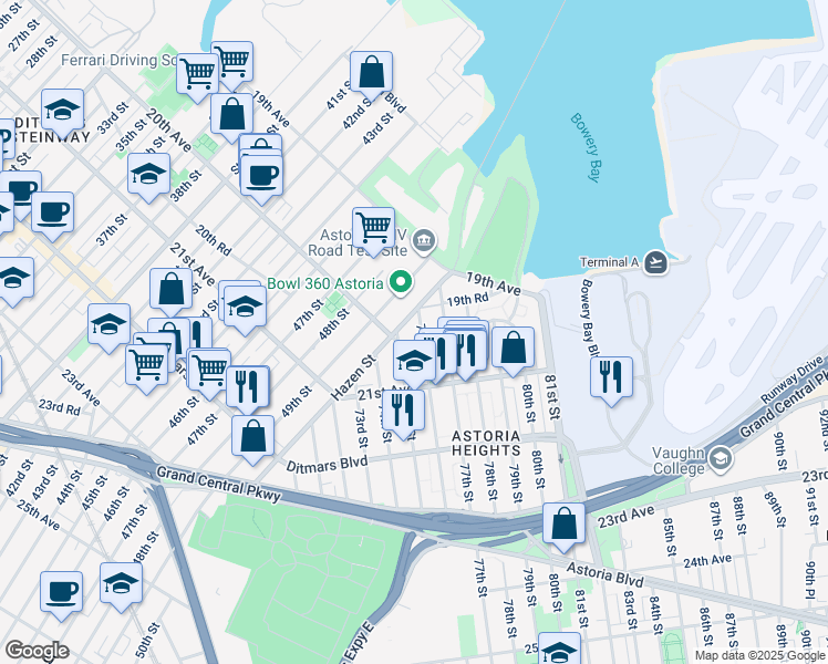 map of restaurants, bars, coffee shops, grocery stores, and more near 19-20 76th Street in Queens