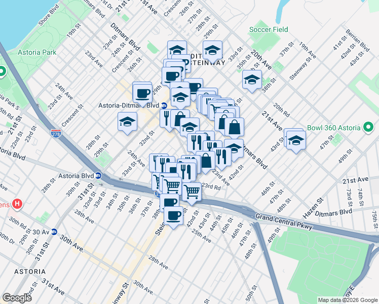 map of restaurants, bars, coffee shops, grocery stores, and more near 23-12 38th Street in Queens