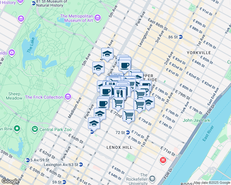 map of restaurants, bars, coffee shops, grocery stores, and more near 1045 Lexington Avenue in New York