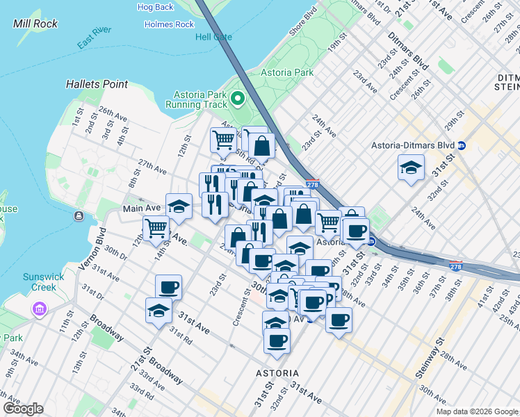 map of restaurants, bars, coffee shops, grocery stores, and more near 22-13 Astoria Boulevard in Queens