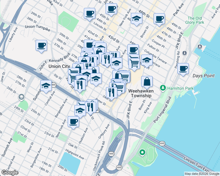 map of restaurants, bars, coffee shops, grocery stores, and more near 118 35th Street in Union City