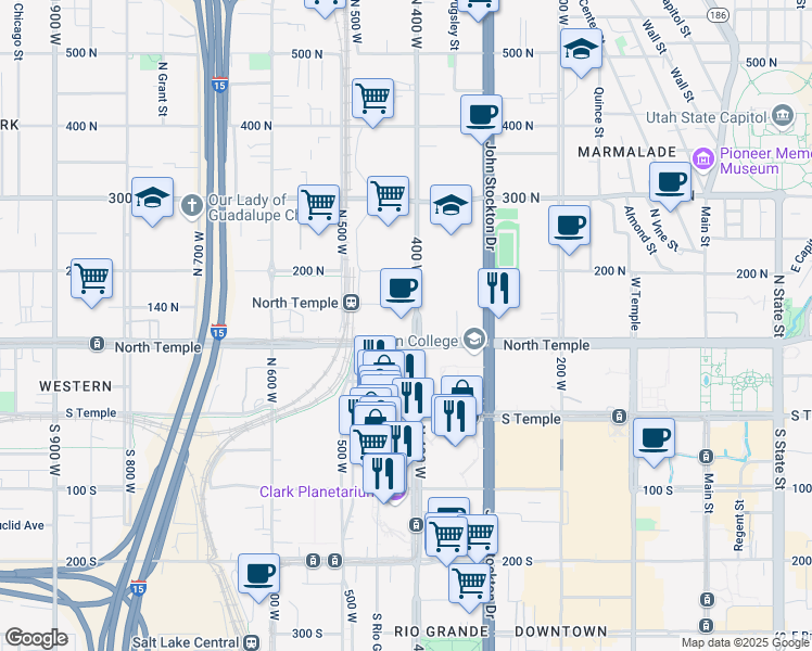 map of restaurants, bars, coffee shops, grocery stores, and more near 155 North 400 West in Salt Lake City