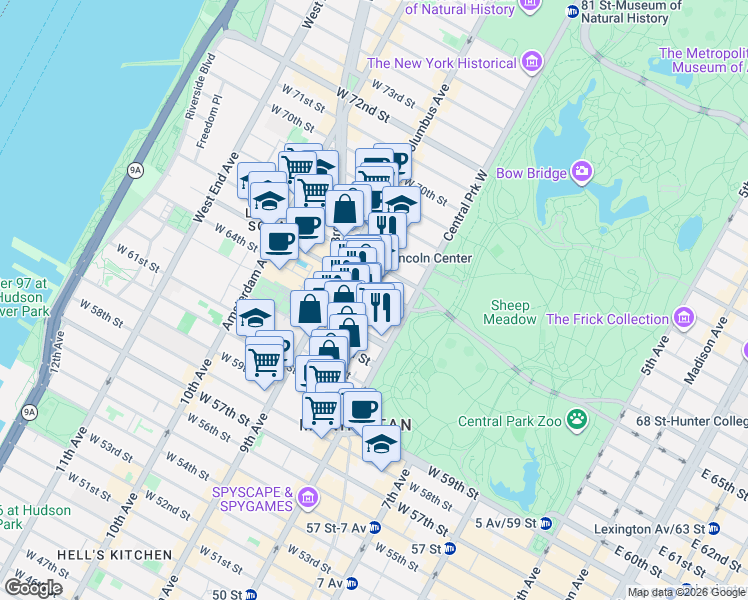 map of restaurants, bars, coffee shops, grocery stores, and more near 34 West 65th Street in New York