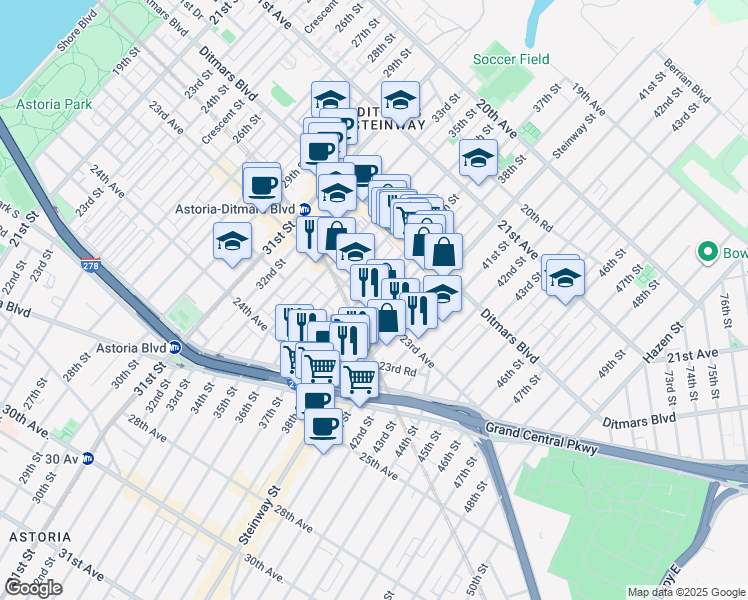 map of restaurants, bars, coffee shops, grocery stores, and more near 23-12 38th Street in Queens