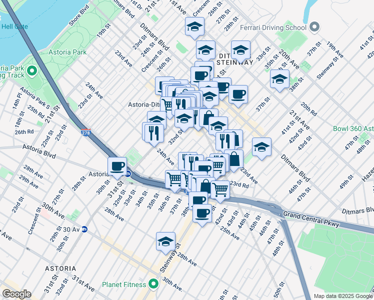 map of restaurants, bars, coffee shops, grocery stores, and more near 23-67 35th Street in Queens