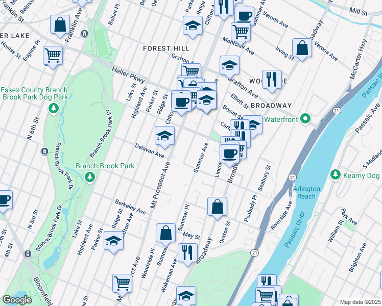 map of restaurants, bars, coffee shops, grocery stores, and more near 173 Woodside Avenue in Newark