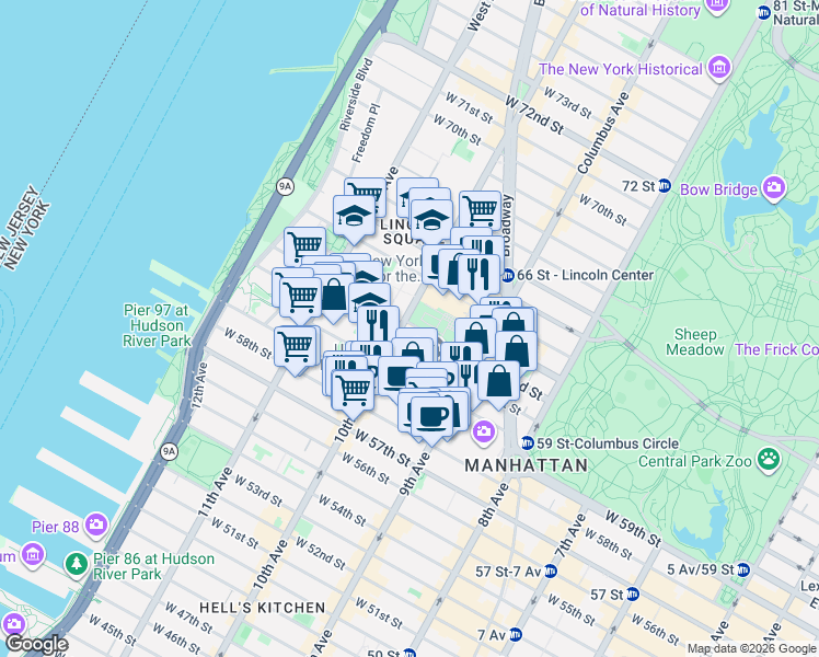 map of restaurants, bars, coffee shops, grocery stores, and more near 160 West 62nd Street in New York