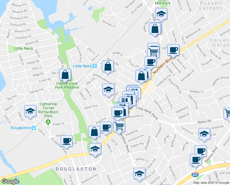 map of restaurants, bars, coffee shops, grocery stores, and more near 251-47 42nd Avenue in Queens
